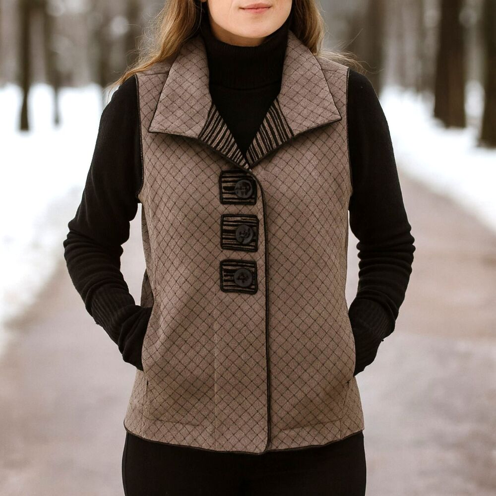 Habitat Vest Gray Black Quilted Artsy Big Buttons Cotton Poly Blend